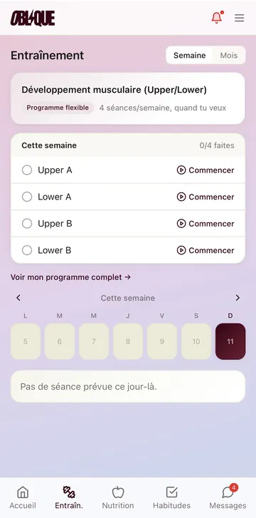 Application Oblique, page entraînement