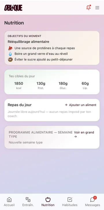 Application Oblique, page nutrition